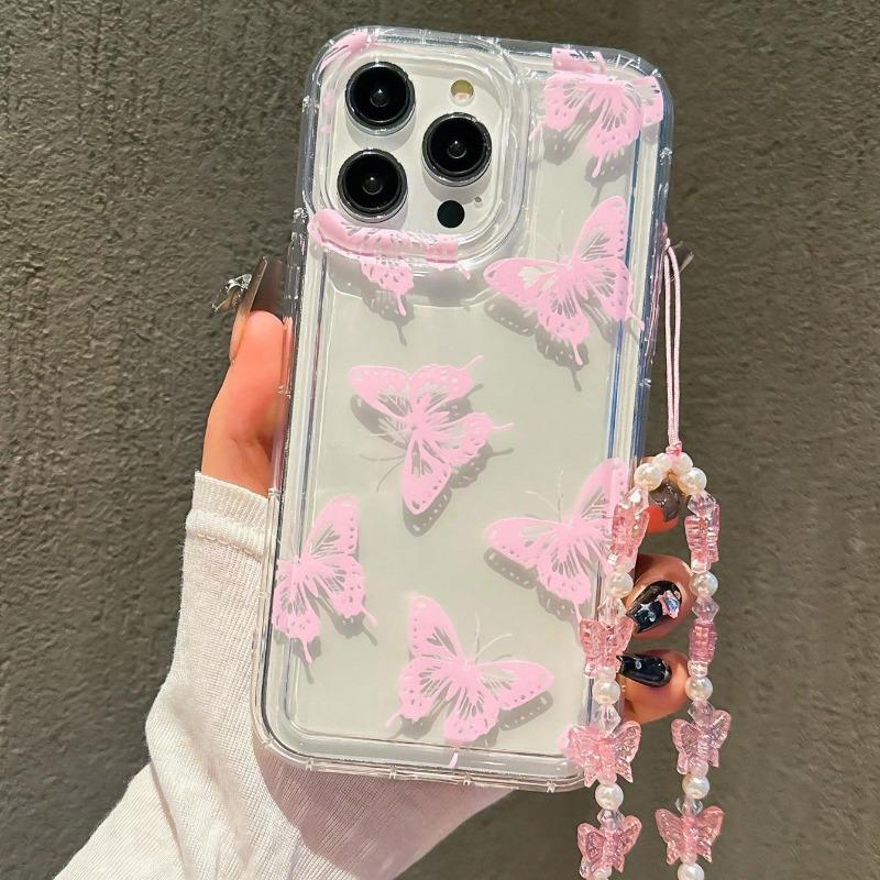 Butterfly Pattern Phone Case For iPhone 17 Air 16 15 14 13 12 11 Pro Max 16E X XR XS Max 7 8 Plus Transparent Cover With Lanyard
