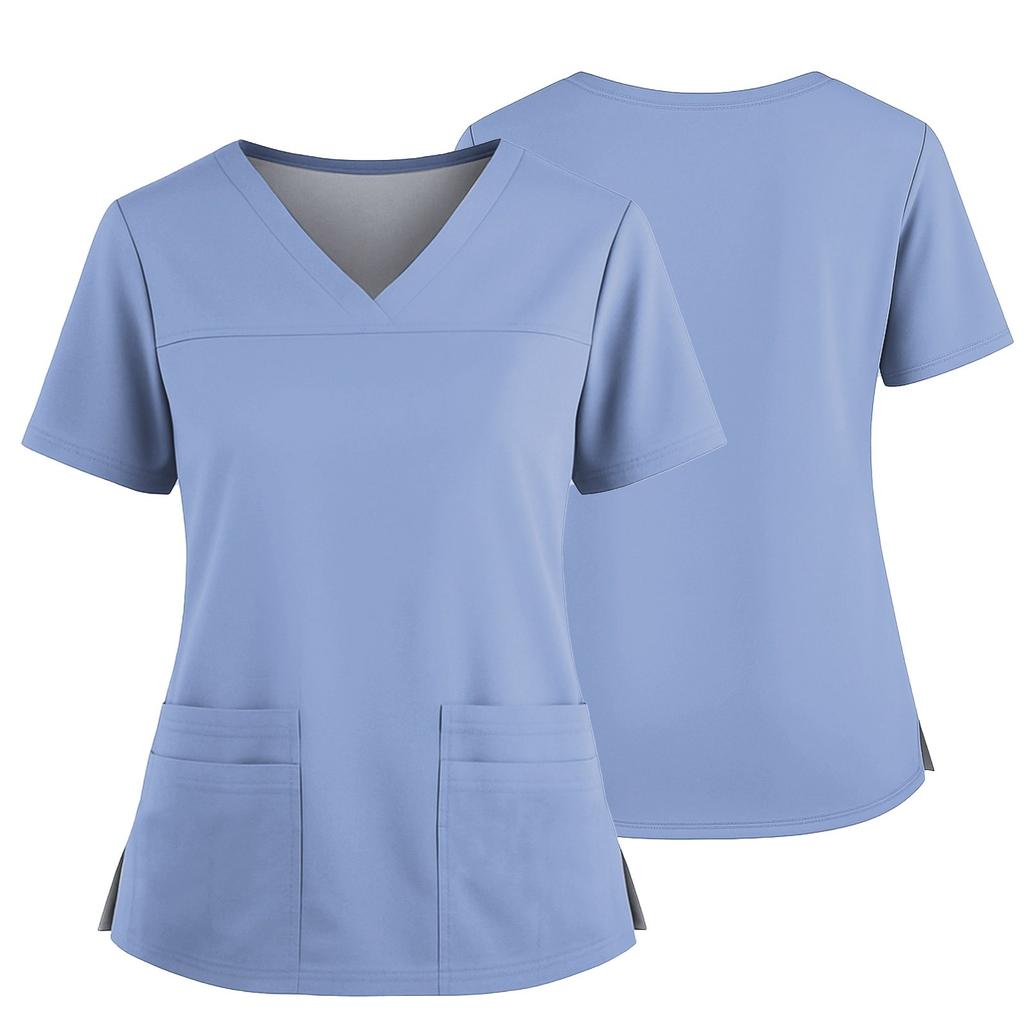 Women's Uniform Color V-Neck Pocket Side Slit Uniform Short Sleeved Top Top