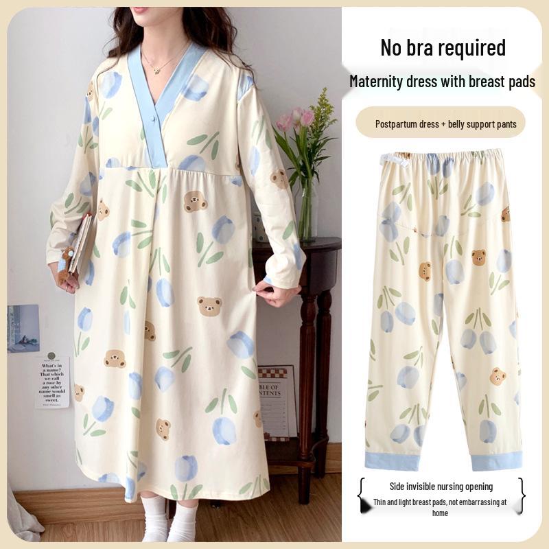 Maternity Labor Gown & Nursing Pajama Set with Built-in Bra for Spring/Summer