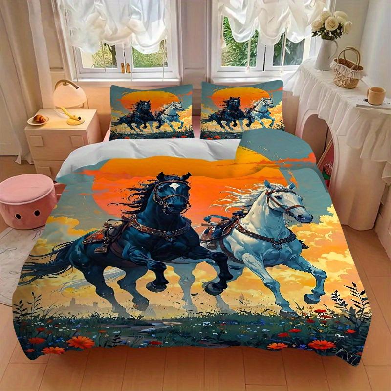 3pcs Set Horse Sunset 1 Quilt Cover + 2 Pillowcases, All Seasons Bedroom Setting, Perfect for Home and Dorm Decor A166