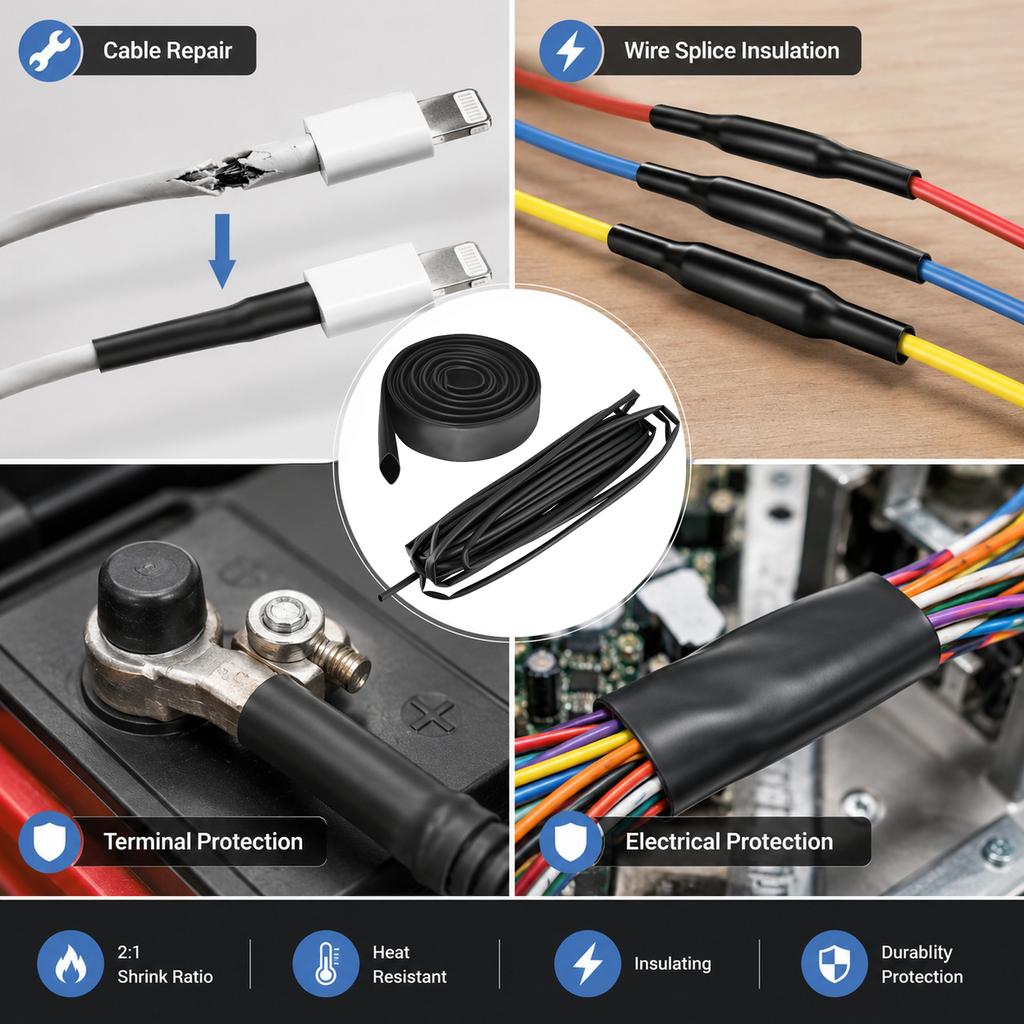 3/10M Black Heat Shrink Wrap Tubing 2:1 1-18mm, Polyolefin Insulation Sleeving for Cable Wire Repair, Splice Protection