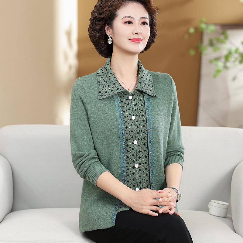 Modischer Patchwork-Strickjacke für Frauen mittleren Alters & ältere Frauen, Übergröße, Gestricktes Herbst/Winter Zweiteiler-Set