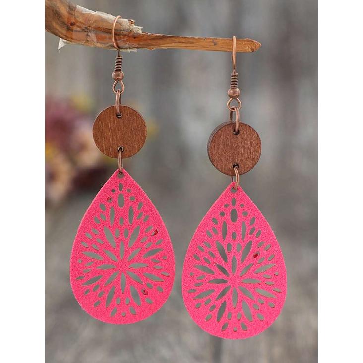 1 Paio Orecchini Pendenti Bohemien Vintage Intagliati a Intarsio in Pelle e Fetta di Legno per Donna