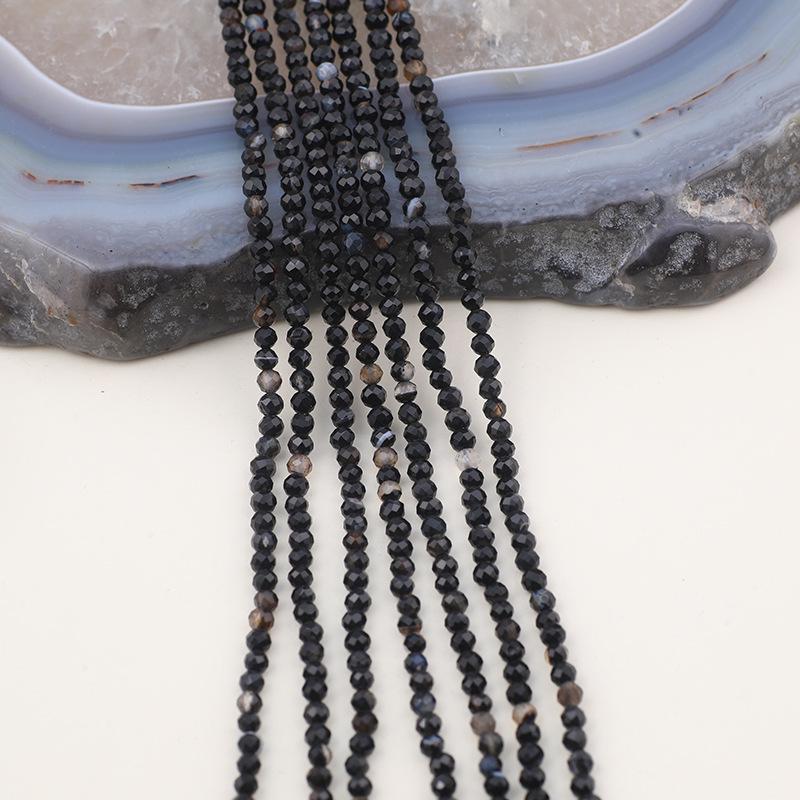 Natürliche Schwarze Blütenachat Facettierte Runde Perlen 2-4mm für DIY Halsketten
