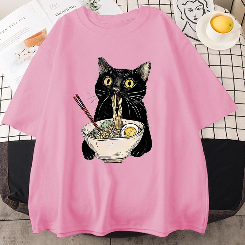 Noodle Ramen Cat T-Shirt Foodie Lover T Shirts Black Cat Noodle T-Shirts Retro Casual Short Sleeve Tshirt for Men Women Clothes