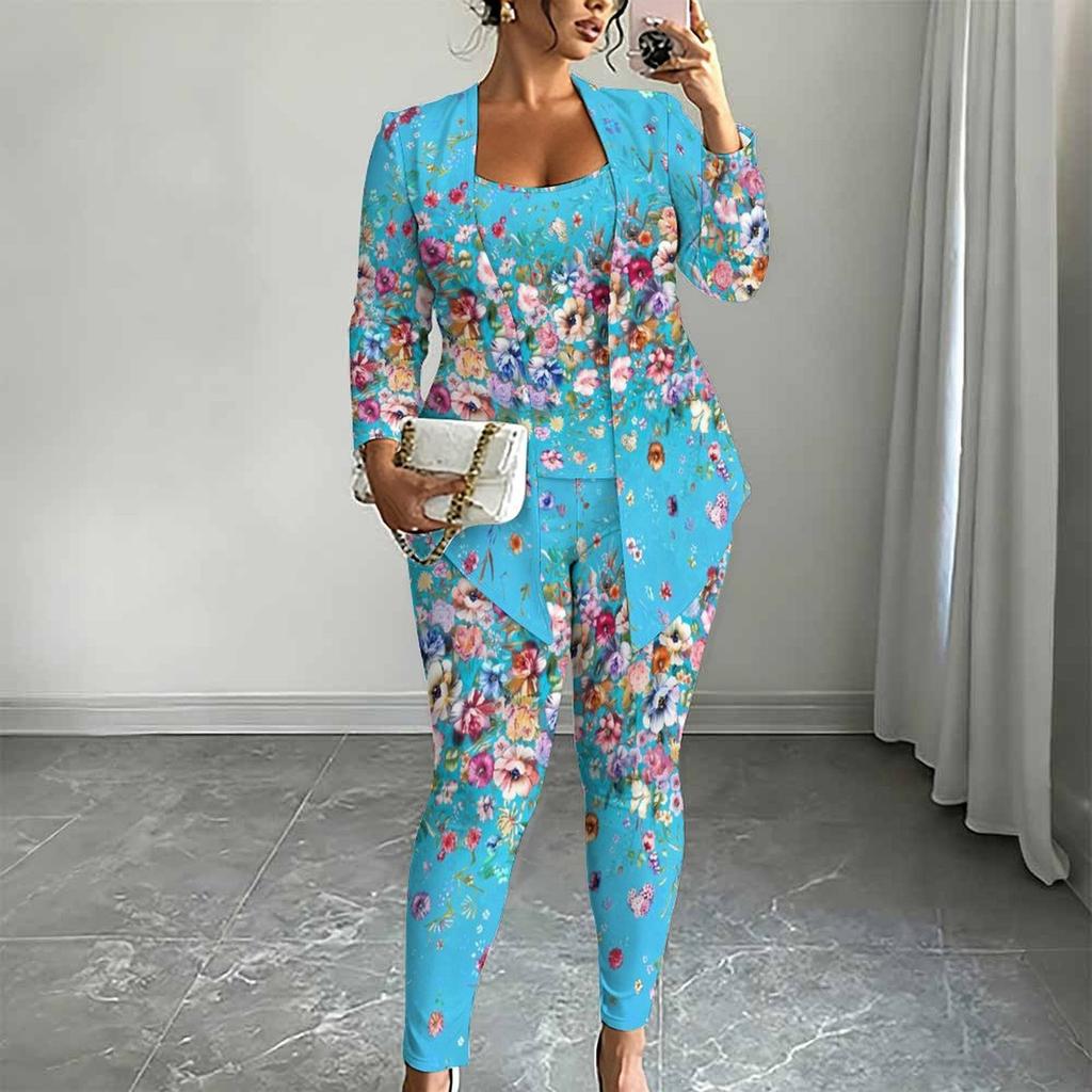Plus Size Floral Print 3 Piece Outfit, Long Sleeve Open Front Cardigan Cami Top Leggings Set for Women