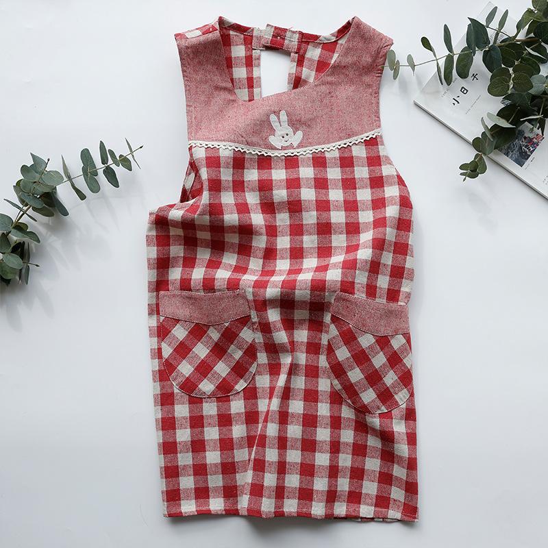 Plaid apron loose cotton bunny lace pleated men s and women s household kitchen apron красный