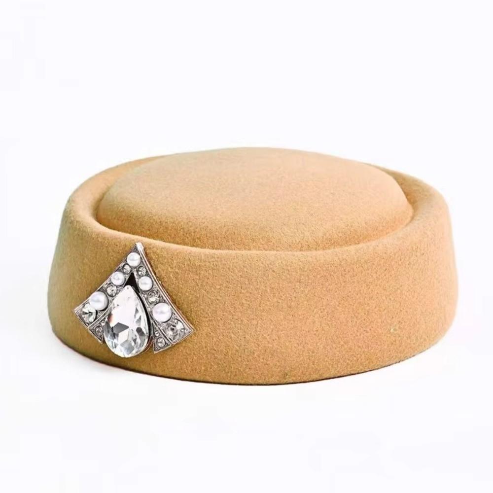 New British Retro Top Hats Crystal Embellished Headwear Felt Beret Air Hostess Hat for Women Party