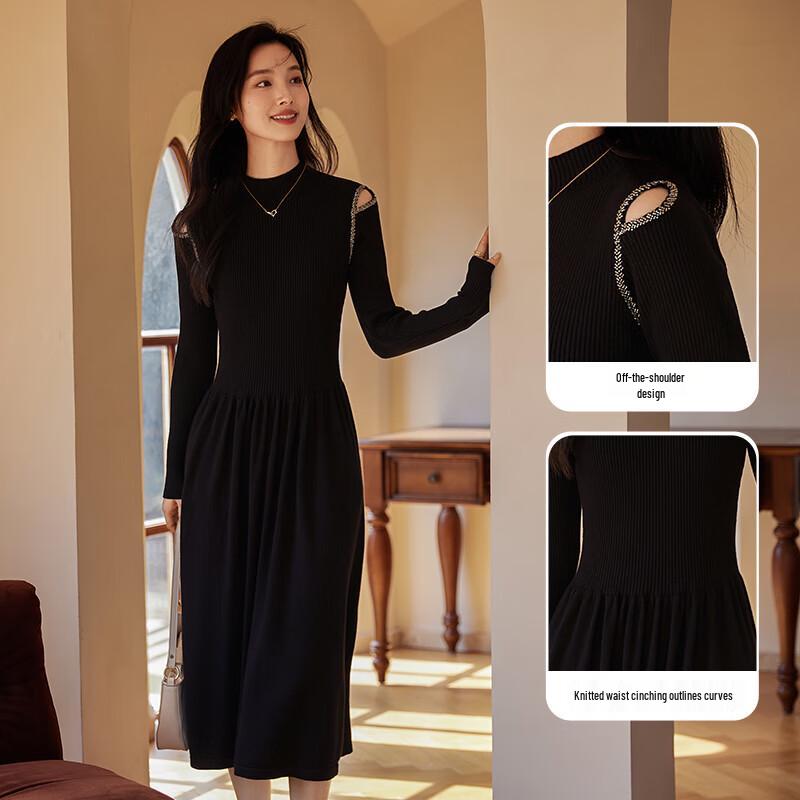 VICTORIA&VERA Elegant Off-Shoulder A-Line Knit Midi Dress