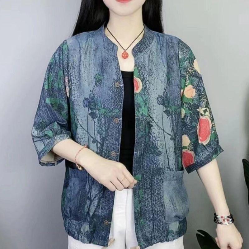 

Vintage Floral Printed Single-breasted Blouse Spring Summer Thin Nine Quarter Sleeve Female Fashion Pockets Spliced Shirt XXXL темно-синього кольору