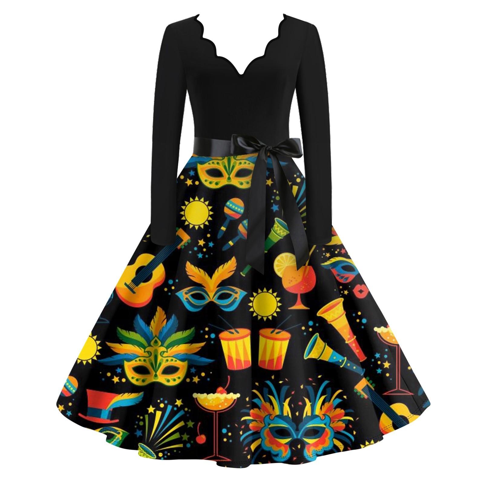 

Женское повседневное модное платье с V-образным вырезом и длинным рукавом с принтом в винтажном стиле XL жёлтый