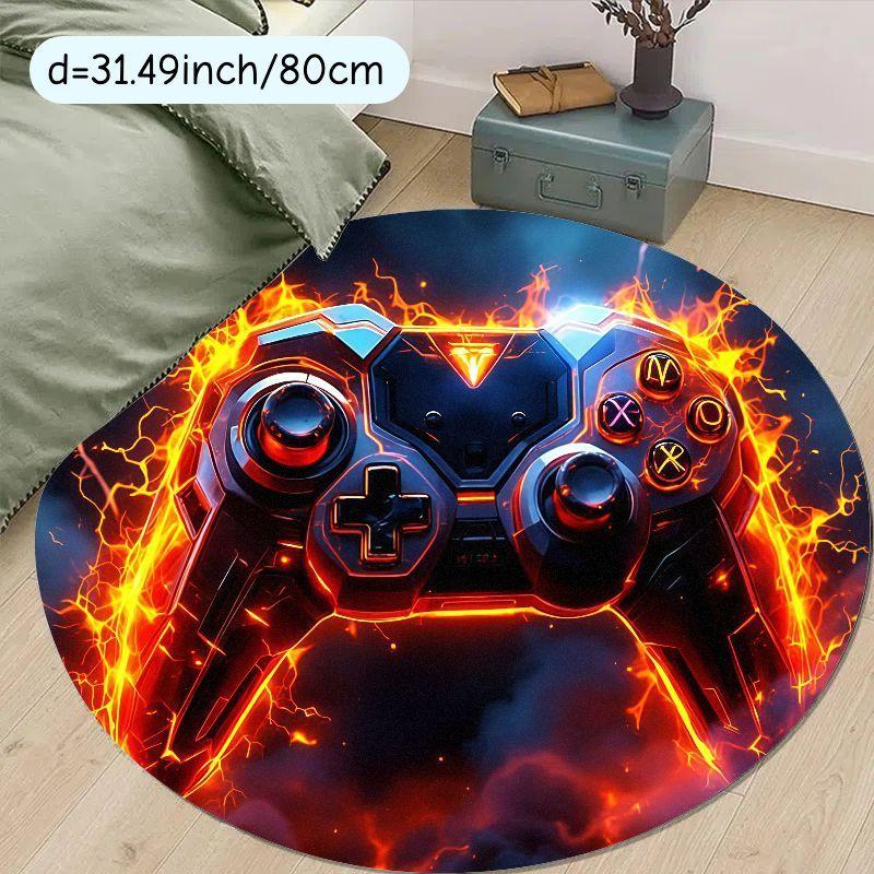 Fire Lightning Game Controller Round Rug Extreme Gamer Decor Glowing Energy Floor Mat Man Cave Gaming Setup 60cmx60cm
