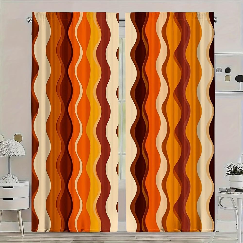 Retro Orange Brown Wavy Stripe Curtains Set of 2 Rod Pocket Semi Sheer for Living Room Bedroom Decor