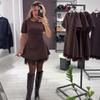 Womens Solid Color Round Neck Short Sleeve Fitted Dress With Lace Trim Sequin Embellishment A-Line High Waist Mini
