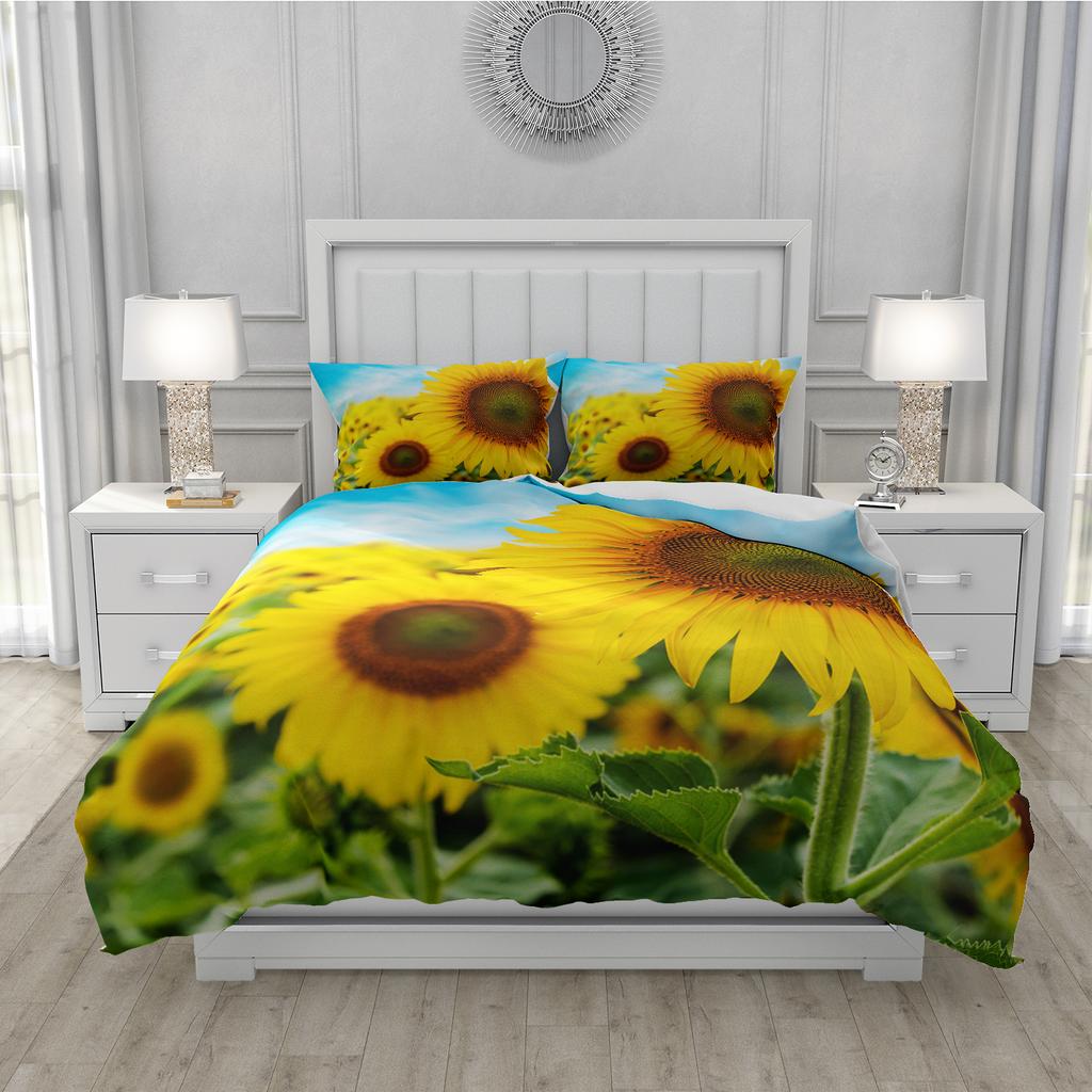 Solros Påslakanset 3D-tryckt Ultrafin Fiber Örngott Nytt Grossist Bekvämt Växt Överkast Sängklädesset