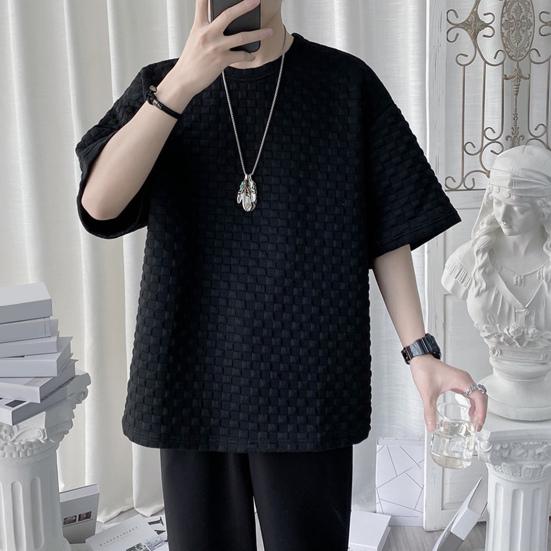 O-Neck Short Sleeve 3D Waffle Men T-shirt Summer Solid Color Simple Tee Shirt Streetwear