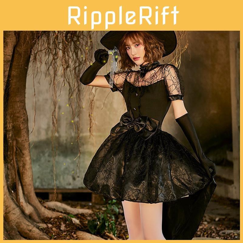 Black Lace Mesh Witch Tailcoat Dress Costume For Halloween Party Events Cosplay