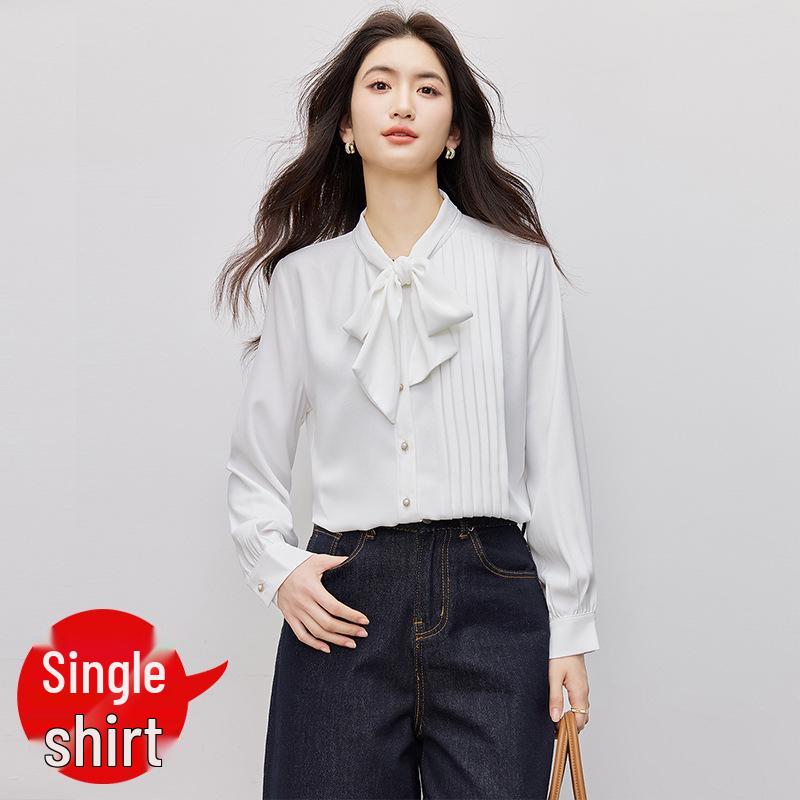 2026 New Women's White Bow Design Long Sleeve Fashion Shirt for Work