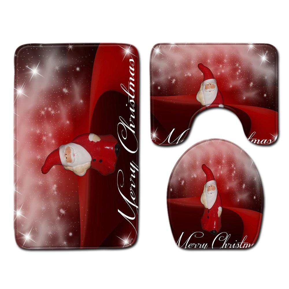 Christmas Shower Curtain Floor Mat Combination Four-Piece Set Bathroom Toilet Carpet Shower Room Mat Foot Mat
