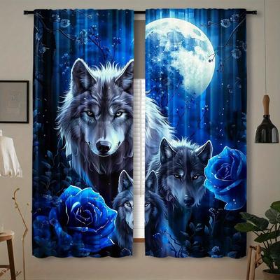 Wolf-Thema Polyester Pongee Verdunkelungsvorhänge 2er-Set - Zeitgenössische halbtransparente Schlaufenvorhänge für Schlafzimmer Wohnzimmer