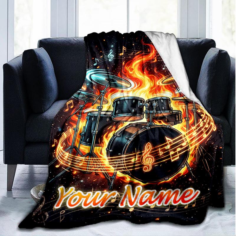 1PC Custom Name Drum Set Music flannel blanket versatile,all-season throw suitable for the living room,bedroom,camping,travel,and gift