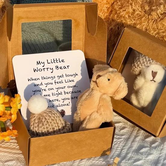 Mini Plush Teddy Bear Box Emotional Support Teddy with Message Card Pocket-Sized Hug Bear Doll for Graduation Anxiety Relief Friends