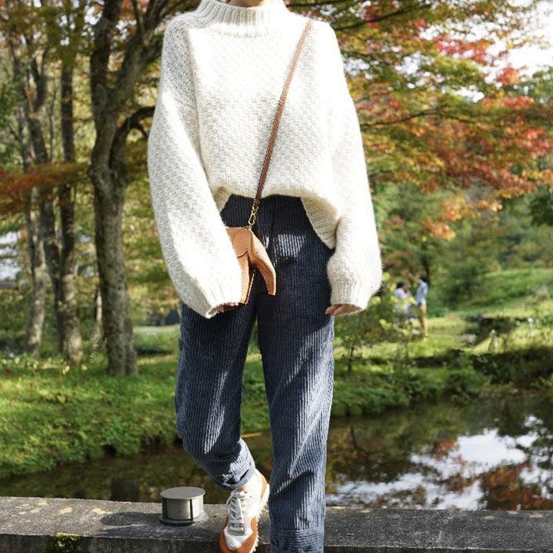 Soft White Sweater Women's Autumn and Winter Thick Round Neck Bubble Sleeve Soft Style Loose Knit Autumn and Winter