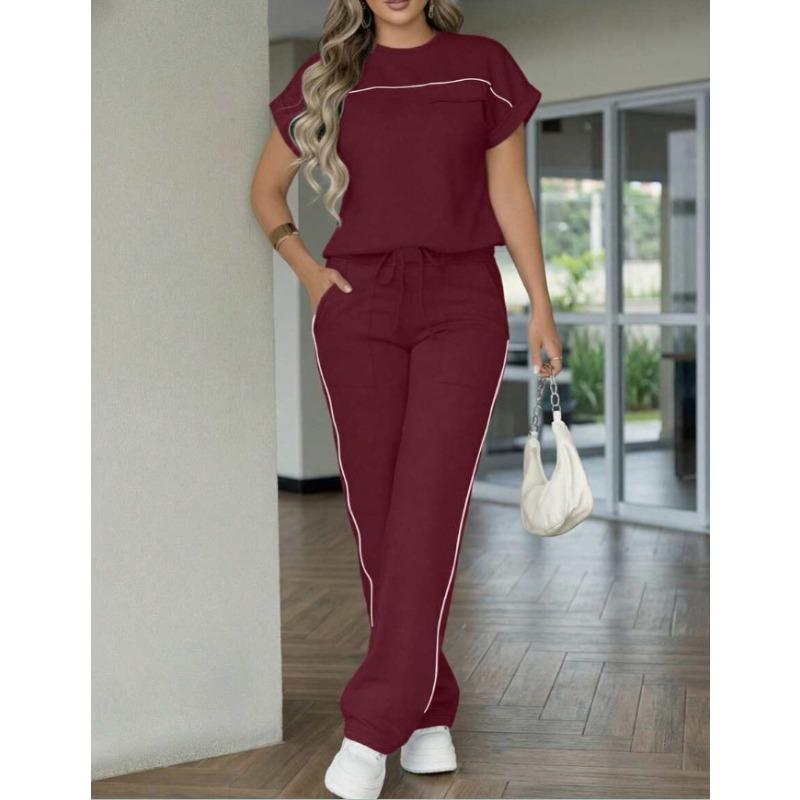 Women's Fashionable Casual Suit - Solid Color, Simple Design, Short-sleeved Straight-leg Pants Set of Two Pieces