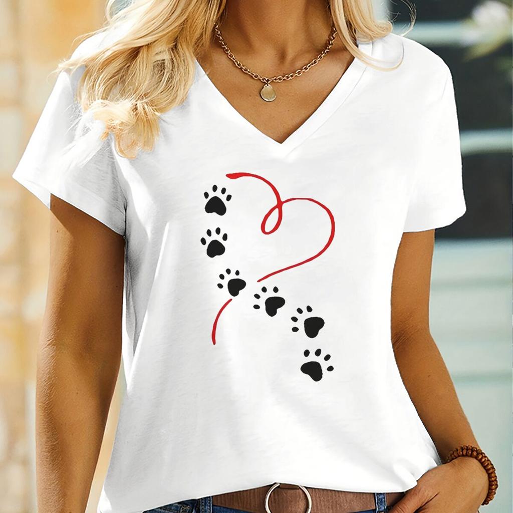 Dog Lover Harajuku Fashion Tops Heart Dog Paw Prints Tshirt Female Animal Heart Graphic Tshirts Ladies Casual Tops