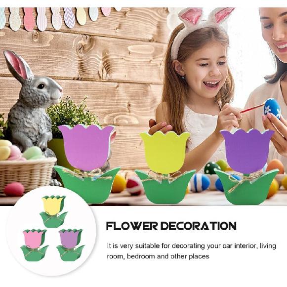 Zerodeko 3pcs Tulip Ornament Adorable Wood Decor for Home Car Interior Cartoon Flower Adornments Pink Yellow Purple Craftsmanship for Vibrant