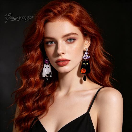 Lightweight Acrylic Statement Earrings 1 Pair Halloween Earrings, Black White Ghost Drop Dangle with Daily Wear Ear Hooks Witch Hat Bat Pumpkin,