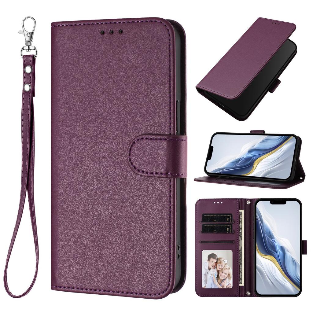 Lanyard Plain Leather Flip Case For Samsung Galaxy S26 Edge S25 Ultra S24 Plus S23 S22 Wristlet Grip Wallet 3 Cards Phone Cover