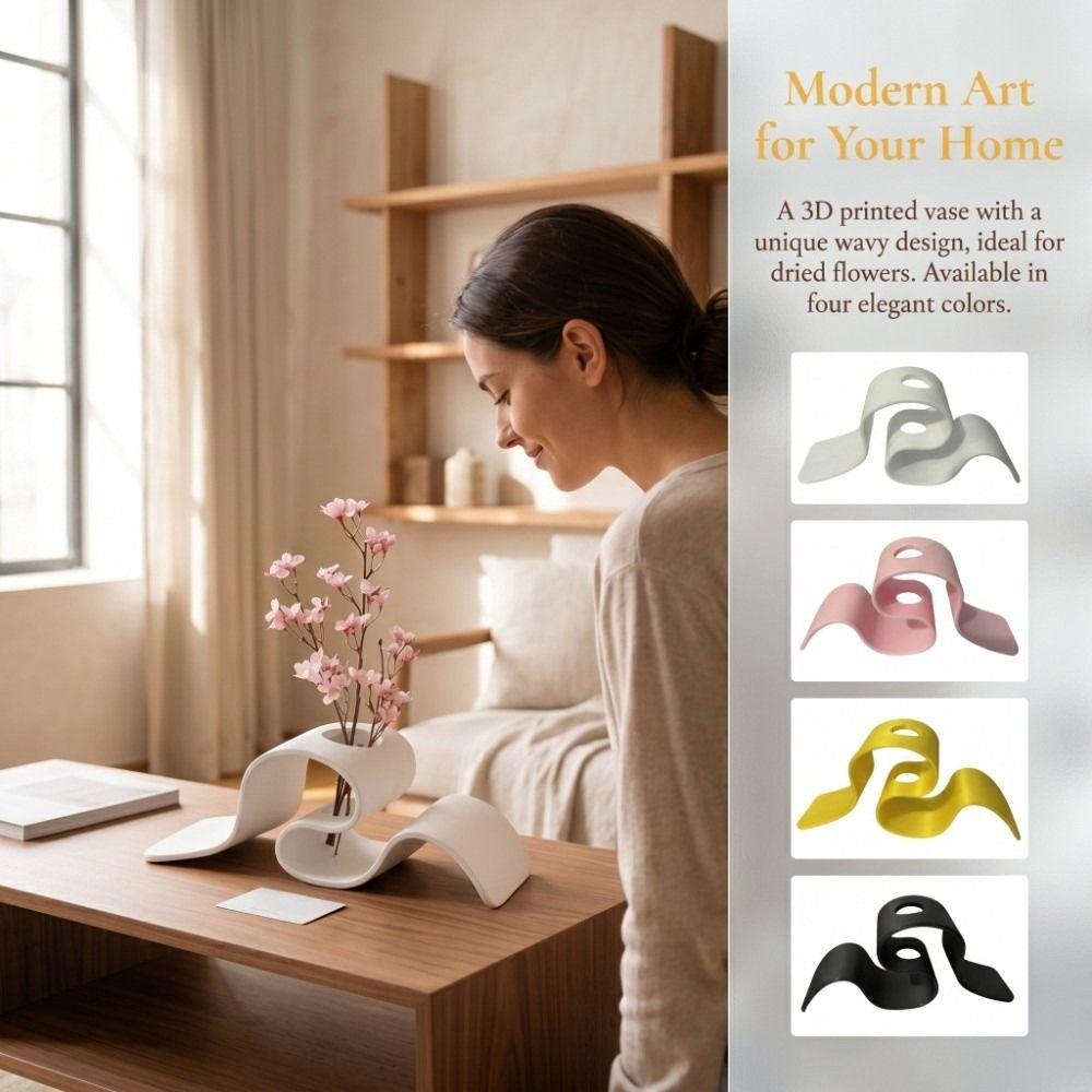 Elegant 3D Printing Vase INS Modern Dried Flower Rack Nordic Style Solid Color Wave Shape Flower Holder Housewarming Gift