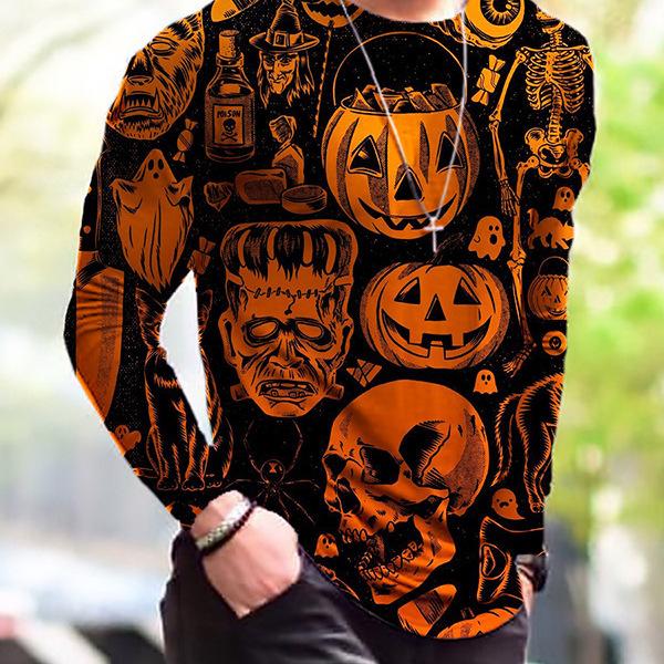 Spring and Autumn Round Neck 3D Halloween Funny Pattern Printed Top Fashionable Casual Long Sleeved Men's T-shirts
