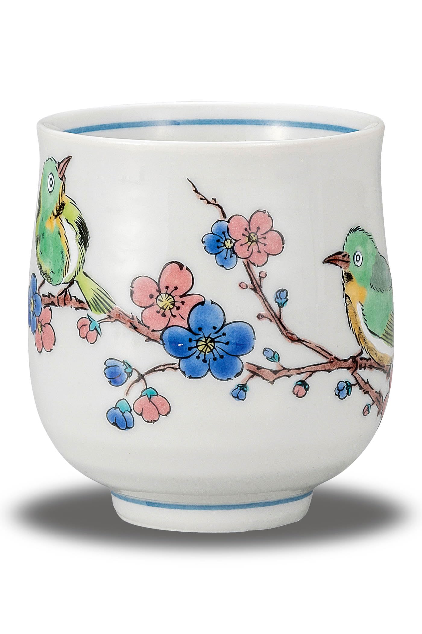 

Stylish Kutani ware teacup with a design of plum blossoms. Made in Japan. Perfect as a birthday gift, 60th, 70th, 77th, 80th, or 88th birthday gift.