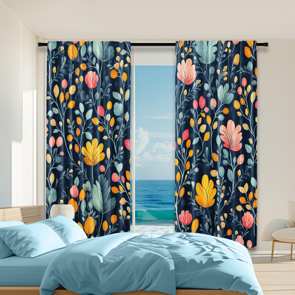 

Versatile Polyester Transparent Curtains Home Decoration Colorful Plant Leaves Flower Use Bedrooms Living Curtain Set Of 2 Made Washable Bedroom Ready W100*H70(CM)-Hooks&2PCS