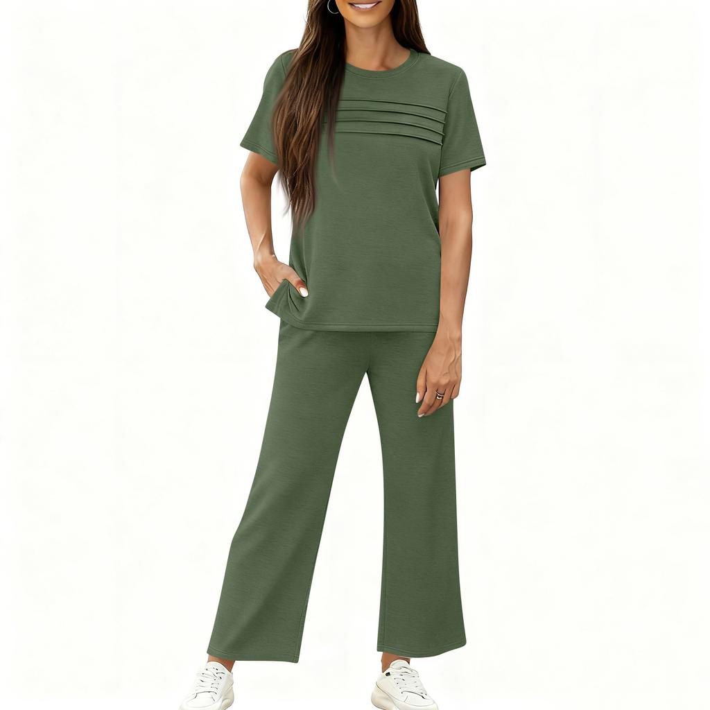 Women's Fashion Color Round Neck Short Sleeved Pleated Top With Drawstring Pockets Casual Pants Sports Two,piece Set