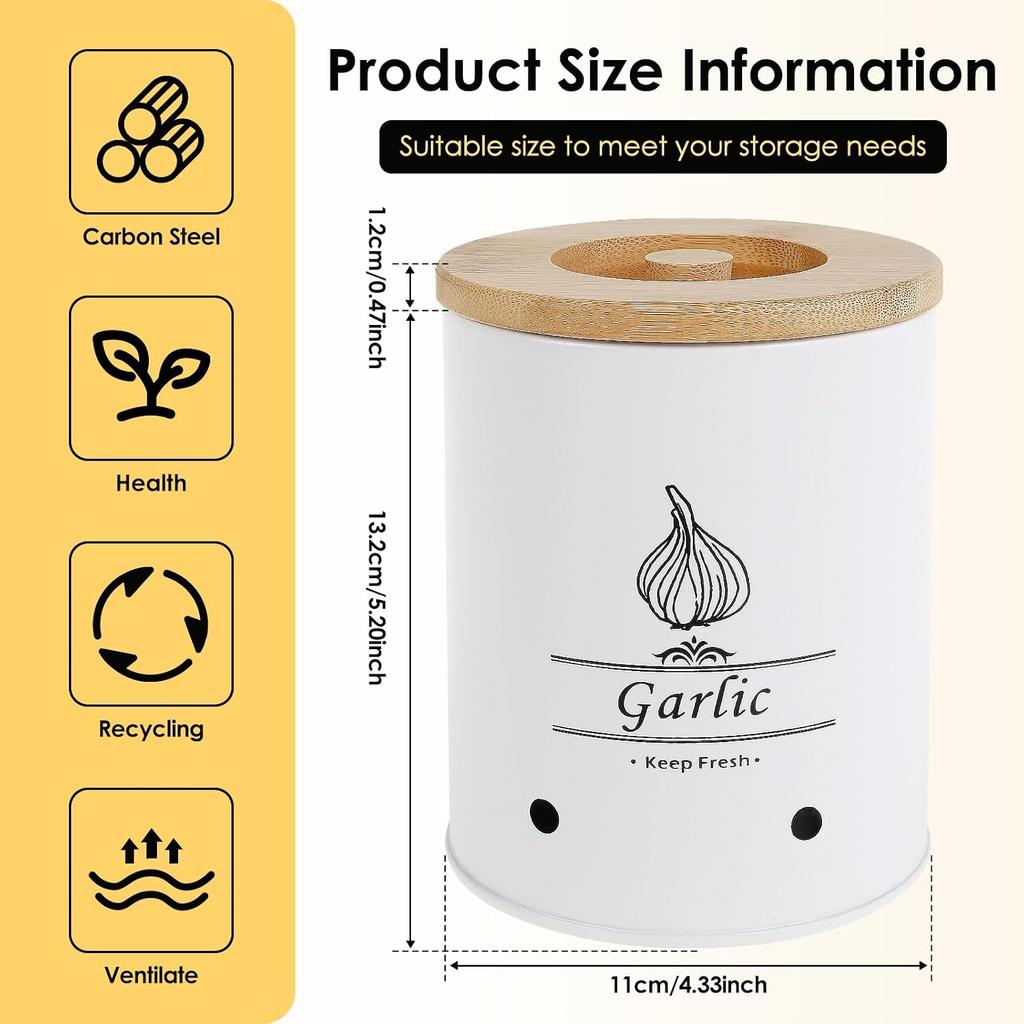 Garlic Keeper Fresh Keeping Garlic Storage Box with Wood Lid Ginger Canister Container 11x11x13.2cm Large Capacity Kitchen Saver for Countertop