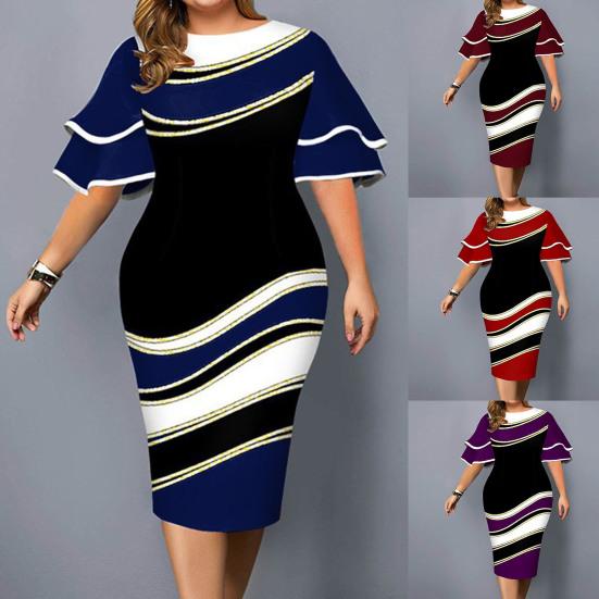 Damen Unterröcke Übergröße Festliches Kleid Digitaldruck Fliegenärmel Übergröße Rundhalsausschnitt Schlitzsaum Bodycon Kleid für Hochzeit