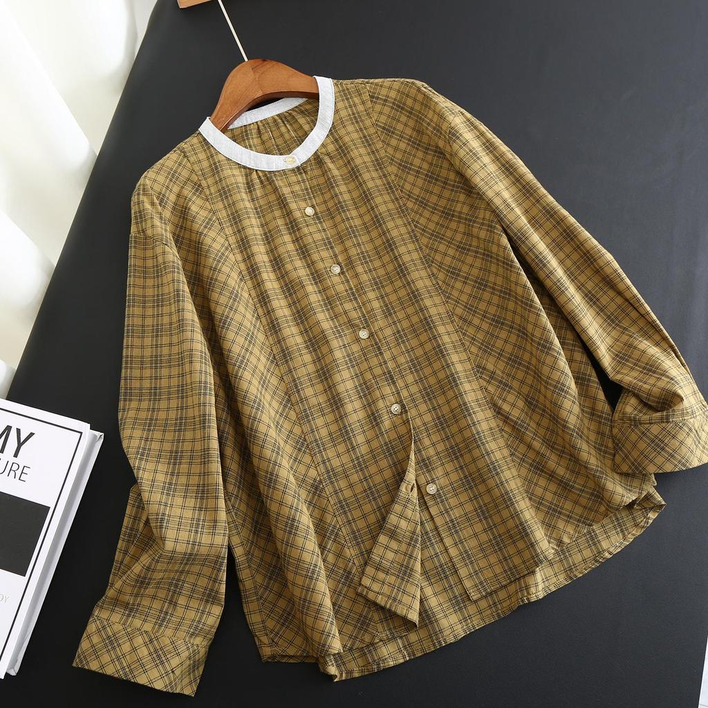 Women's Plaid Cotton Long-Sleeve Top - Slimming & Age-Reducing, Spring/Autumn Collection 2026
