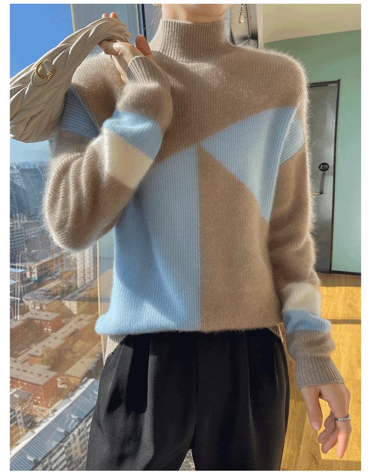 2025 Autumn/Winter Color Block Women's Half-High Collar Knit Sweater