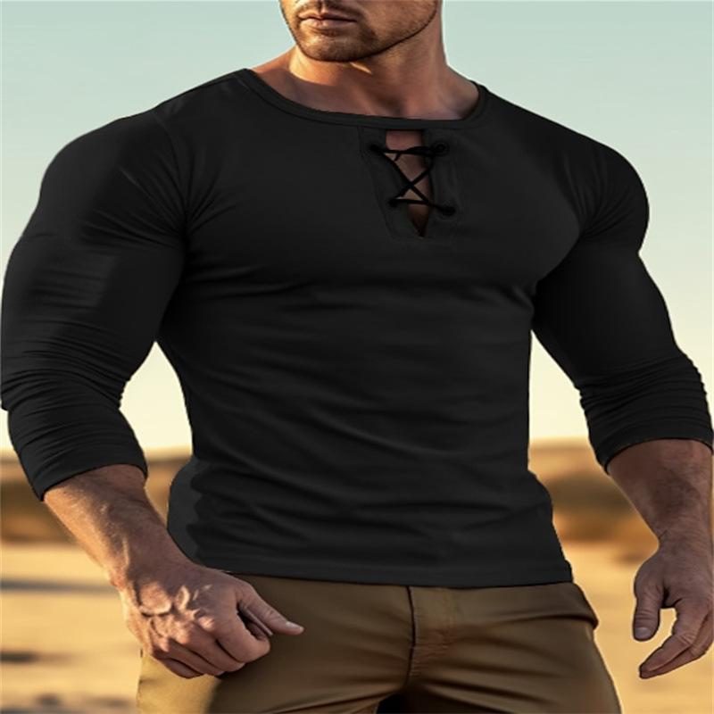 Herren Rundhals Einfarbig Knopf Langarm T-Shirt Lässig Sportliches Basis-Shirt Top