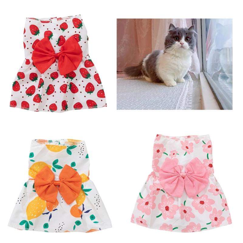 Spring Summer Pet Flower Print Skirt with Bowknot Decors Outdoor Walking Dogs Rabbit Universal Dress Lightweight