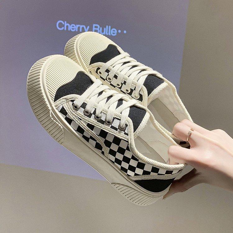 Houndstooth Canvas Shoes for Women  Autumn New Rubber Soft Bottom Lace up round Toe Lightweight Women's Casual Shoes