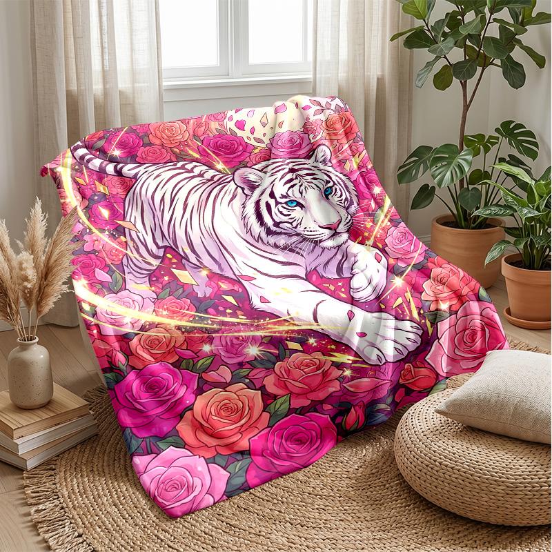 Tiger amidst floral splendor Theme blanket Lightweight Warm Flannel Blanket Decorative Throw Blanket for Home Decoration