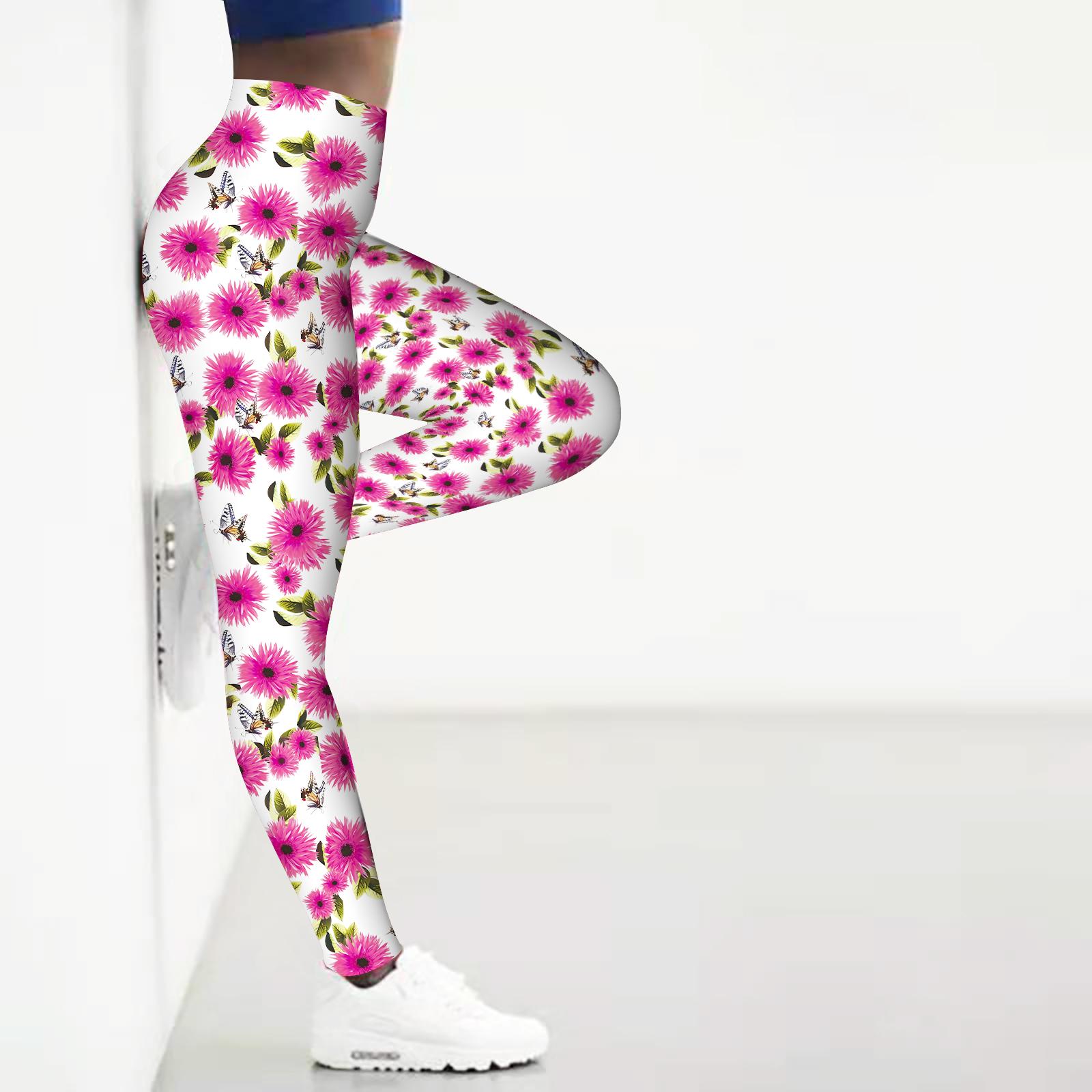 

Жіночі легінси для йоги з принтом блакитної хризантеми, що розтягуються, штани для фітнесу, бігу, тренажерного залу, спортивні активні штани 8XL рожевий