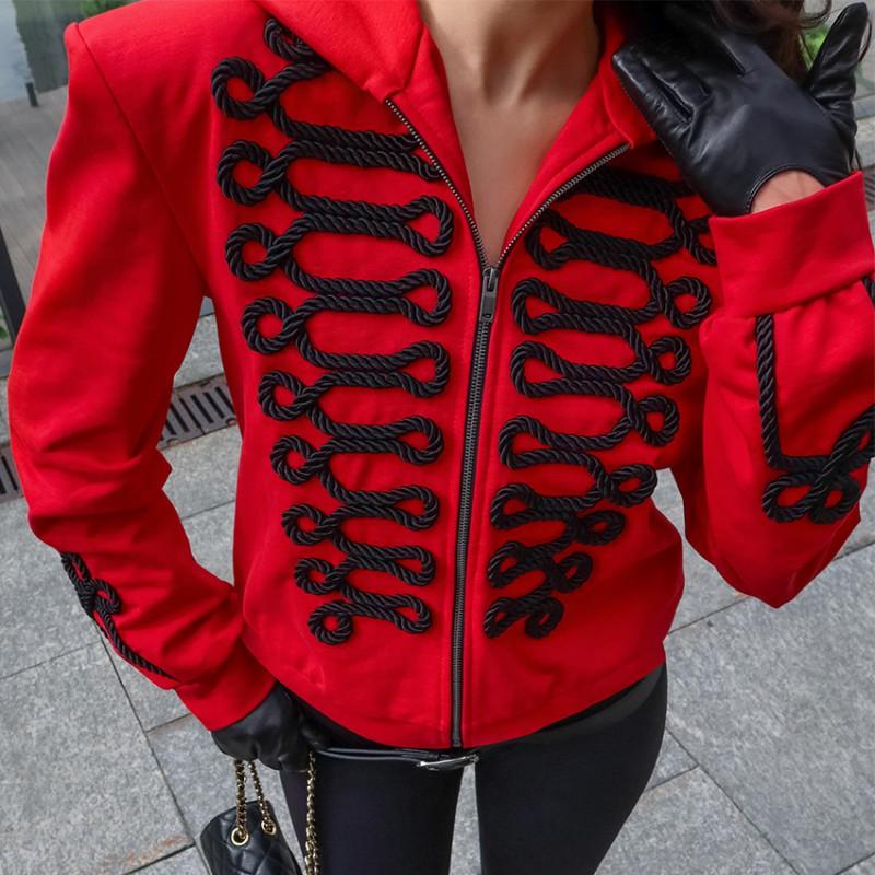 Winter Color Block Embroidered Jacket Streetwear Padded Shoulder Zip Up Hooded Coat
