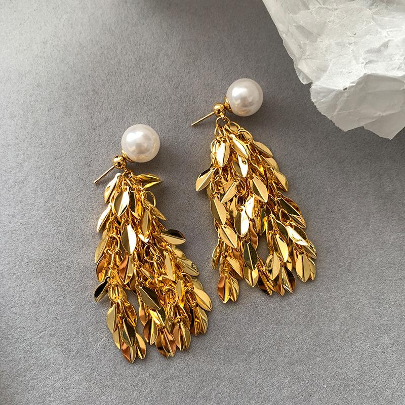 

Aobai real hemp gray glass pearl earrings women s real gold electroplated wheat ear leaves fringed high-end stud earrings