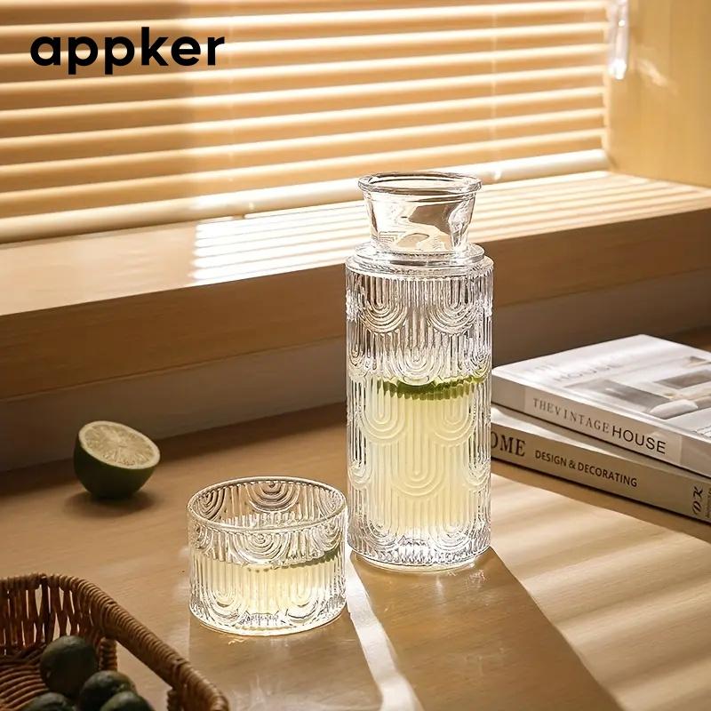 A Vintage Vertical Striped Large Capacity Glass Kettle with Cup, Suitable for Bedroom Nightstand, Study Room And Office