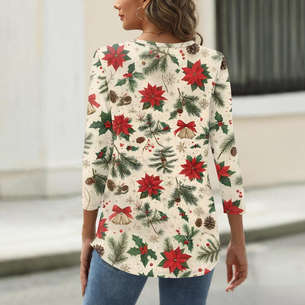 Damen T-Shirt mit Weihnachtsdruck, 3/4-Ärmel, für den Alltag, Wochenendmode, Basic, Rundhalsausschnitt, normales Oberteil